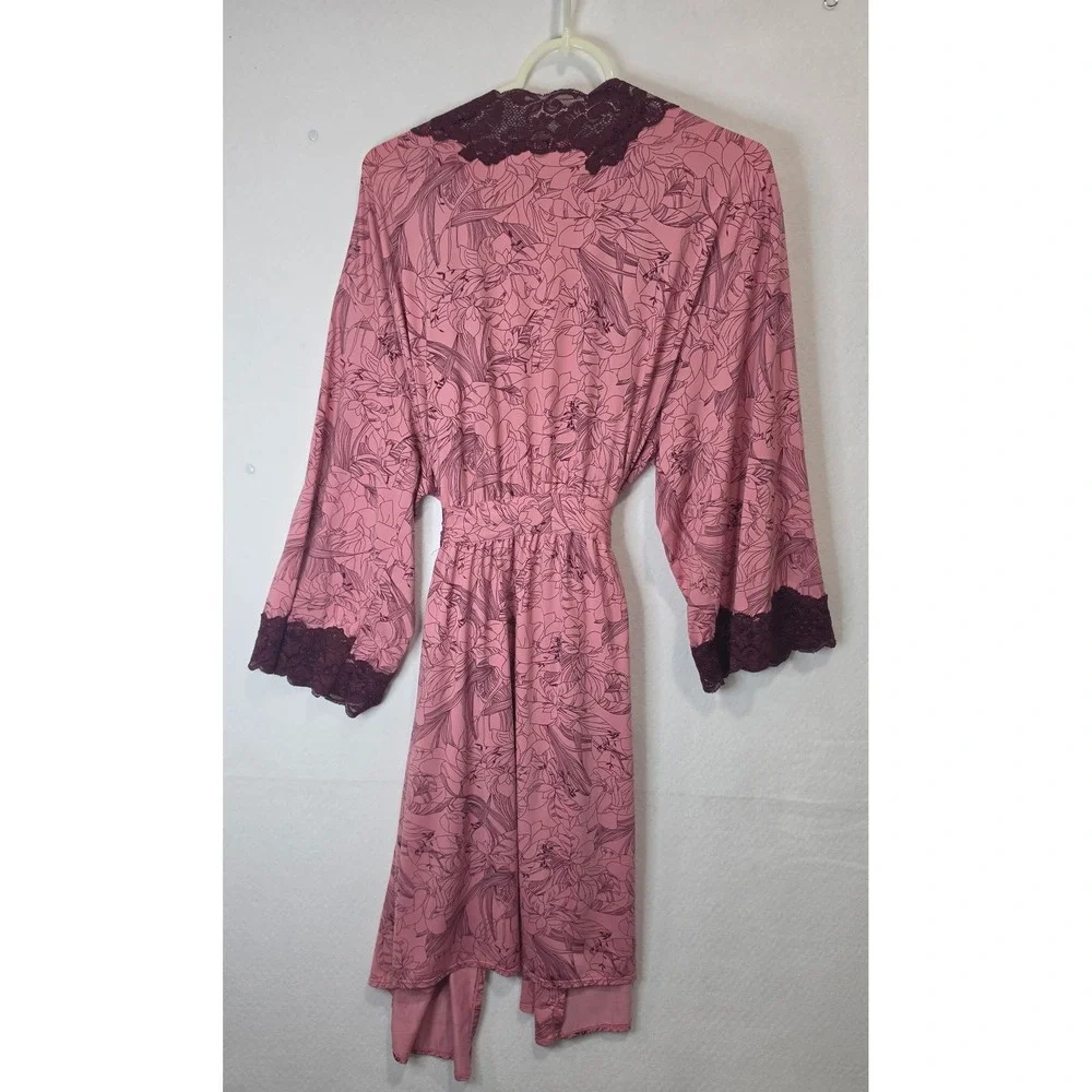 Soma Intimates Floral Lace Trim Wrap Robe Mauve Pink Burgundy XL Loungewear